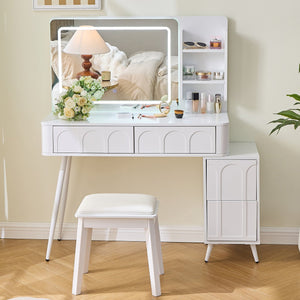 English Elm Modern Makeup Vanity Desk with Slide-Out Cabinet, LED Mirror, 4 Soft-Close Drawers & Cushioned Stool White N844P257529A