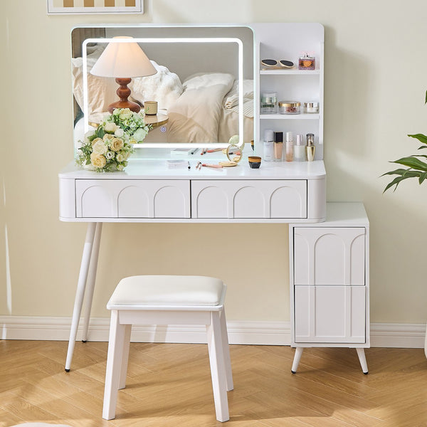 English Elm Modern Makeup Vanity Desk with Slide-Out Cabinet, LED Mirror, 4 Soft-Close Drawers & Cushioned Stool White N844P257529A