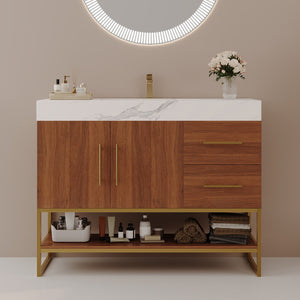 English Elm 36" Freestanding Bathroom Vanity Sintered Stone Top Integrated Basin Gold Hardware W3136S00057