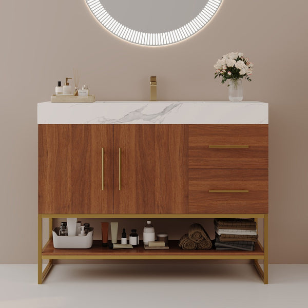 English Elm 36" Freestanding Bathroom Vanity Sintered Stone Top Integrated Basin Gold Hardware W3136S00057