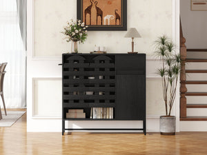 English Elm Buffet Black Woven Arched Door Sideboard with Adjustable Shelves, Metal Legs, Drawer, Entryway-Friendly W2977P338264