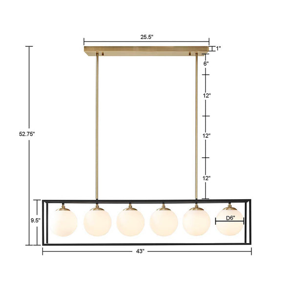 JLA Home INK+IVY - 6-Light Antique Brass Linear Chandelier with 6 Frosted Globe Shades — Industrial Vintage Glow for Dining II150-0122