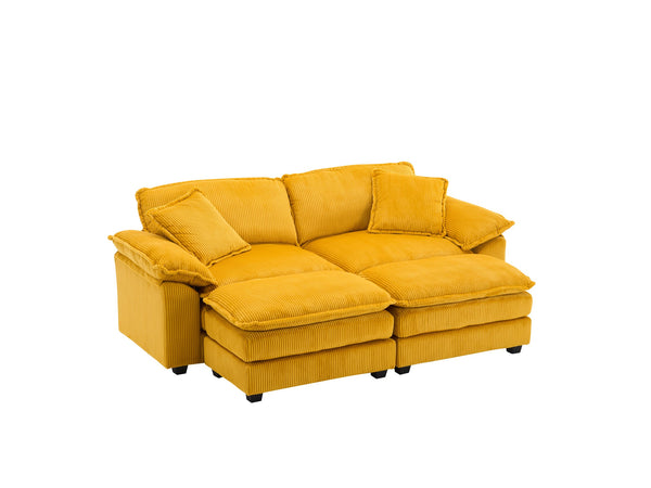 English Elm Corduroy Plush 2-Seat Sofa with 2 Back Cushions, Toss Pillows & Ottomans — Deep Seat Comfort Yellow W2363S00063