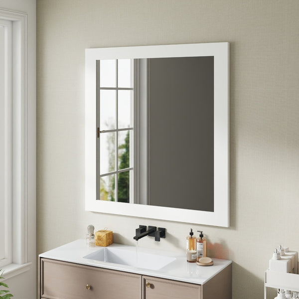 English Elm Revitalize Any Bathroom with a Square Matte White Framed Wall Mirror Modern Vanity W3151P265975