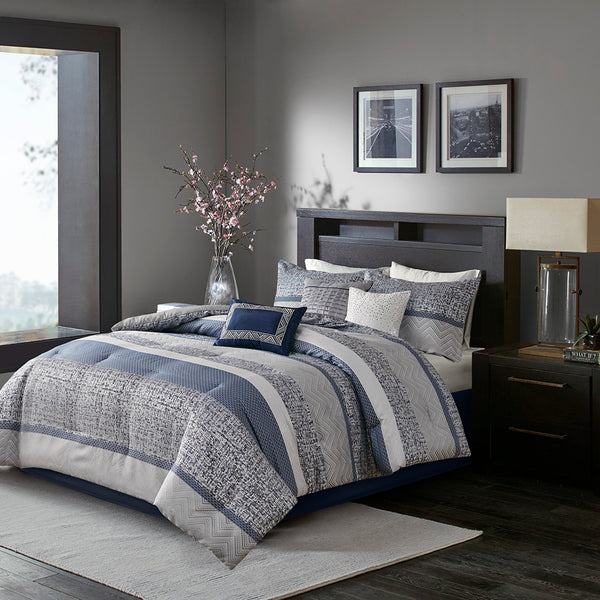 JLA Home Madison Park - 7 Piece Jacquard Comforter Set Navy Grey Stripe 7-Pc Transitional Bedding with Pillows, Skirt, Machine Washable MP10-7422
