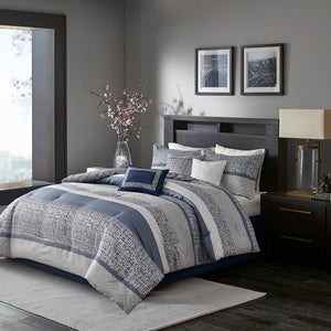 JLA Home Madison Park - 7 Piece Jacquard Comforter Set Navy & Grey Striped Pattern with Solid Reverse, Embroidered Pillows 92 L x 104 W x 1.5H MP10-7421