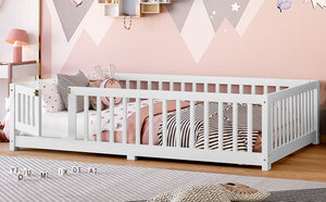 English Elm Full Floor Bed with Safety Guardrails and Play Door for Kids, Low Profile Pine Frame, 550lb Capacity White W1580P338950