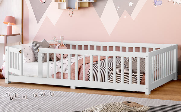 English Elm Full Floor Bed with Safety Guardrails and Play Door for Kids, Low Profile Pine Frame, 550lb Capacity White W1580P338950