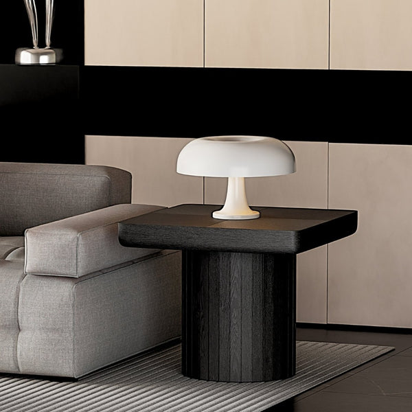English Elm 23.6'' Square Wood Veneer Accent Table Parquet Top Sculptural Cylindrical Base Matte Finish W1435P419310