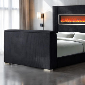 English Elm Black Eastern King Platform Bed Wingback Headboard with Motorized Tv Lift Fireplace Black,Multi B2741S00798