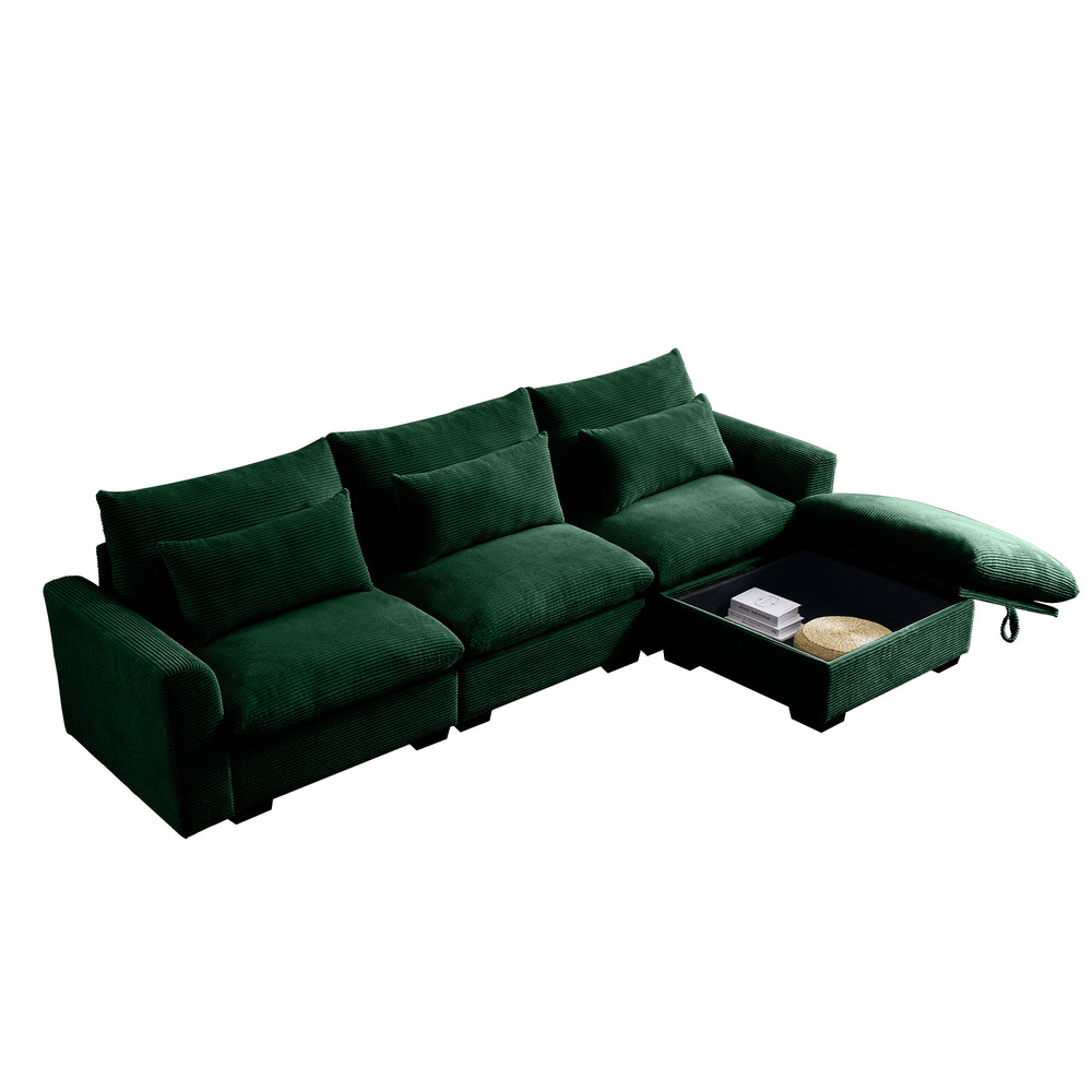 English Elm Corduroy Sectional Sofa - L-Shaped Couch With Storage Footstool & 3 Pillows, Stylish Comfort For Any Room W714S00671