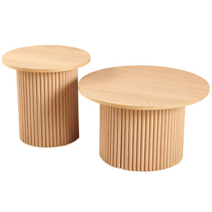 English Elm Oak Mid-Century Round Coffee Tables Set of 2 – Oak Veneer Tops, Metal Roman Column Bases, Sturdy Sofa Side Tables W1164S00026