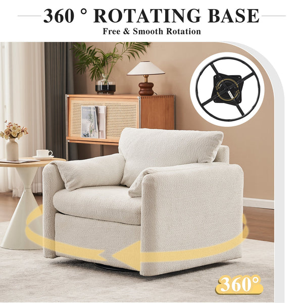 English Elm 001 Ivory White Swivel Accent Chair 360° Rotating Chenille Lounge Seat with High-Resilience Cushion, Ergonomic Reading Sofa for Living Room Office Bedroom 250LB Capacity W2636P231538
