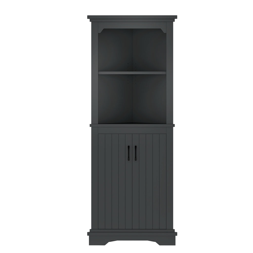 English Elm Tall Corner Cabinet with Doors - Slim Black Storage Tower for Living Room, Bathroom, Kitchen, Office W1580P332942