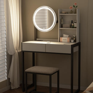 English Elm Small Bedroom Vanity Desk with Led Mirror Cushioned Stool Power Outlet and Storage White+Black W3587P462333