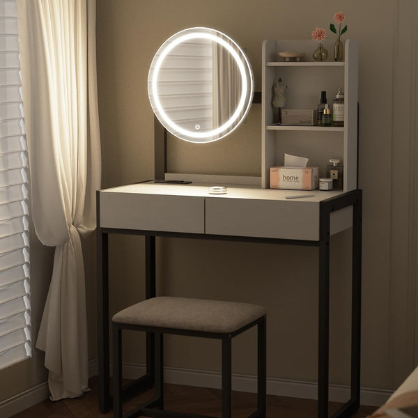 English Elm Small Bedroom Vanity Desk with Led Mirror Cushioned Stool Power Outlet and Storage White+Black W3587P462333