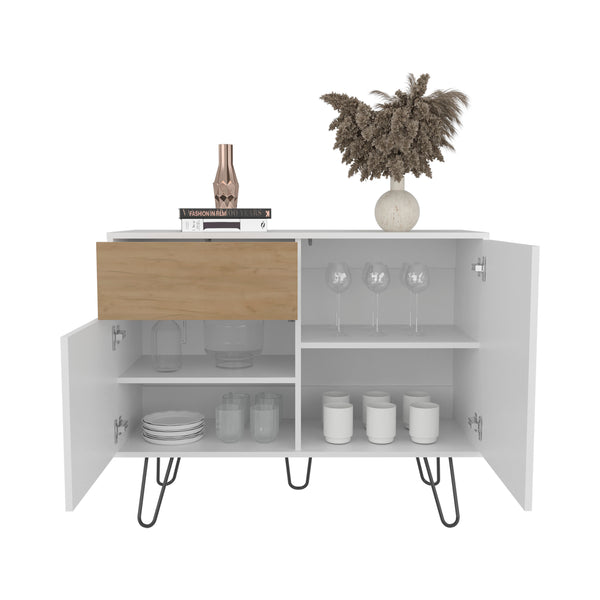 English Elm Tori 39" Wide Console Table in White & Natural Oak with Dual Cabinets, Drawer, 4 Shelves for Entryway Decor B070P337040