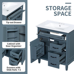 English Elm 30 Inch Freestanding Bathroom Vanity Solid Pine Cabinet Ceramic Sink Top Storage Blue Gray N725P412782C