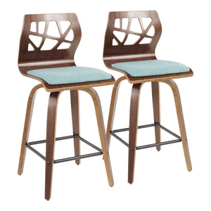 English Elm Folia Mid-Century Counter Stool 26" with Walnut Curved Frame, Padded Upholstery & Swivel Comfort Teal B202S00267