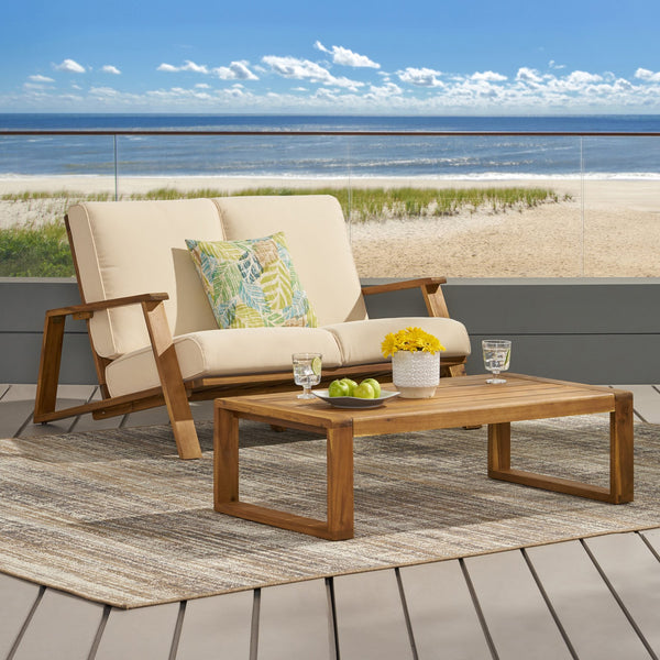 English Elm Christopher Knight Home® - PALOMA Acacia Wood Loveseat with Weather-Resistant Cushions and Outdoor Coffee Table Set for Patio Conversations and Relaxation Teak+ Beige 68611.00BGE
