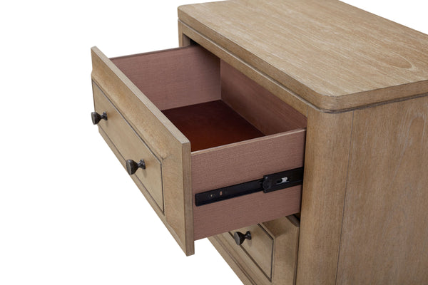 English Elm Queen Sand Canopy Bedroom Set with USB Nightstand, Cedar/Felt Drawers, Metal Accents & Mirror B2699S00058