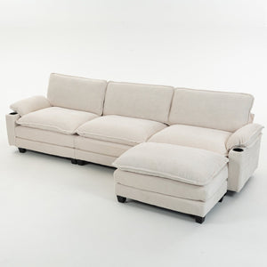English Elm 113" Modern 3+1 L-Shaped Corduroy Sofa with Double-Layer Cushions, Cup Holders & Storage Bags Beige W2715S00005