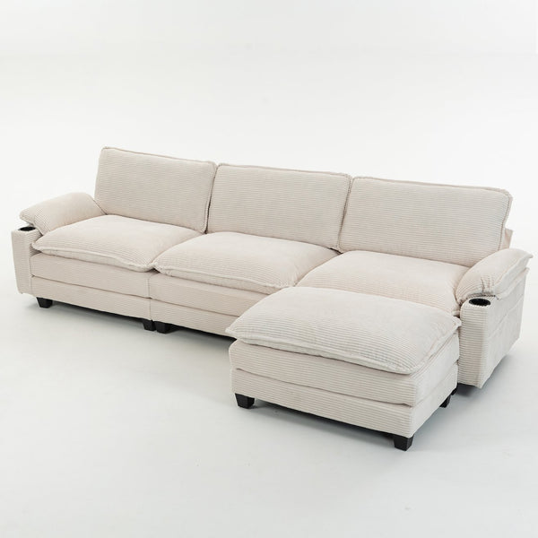 English Elm 113" Modern 3+1 L-Shaped Corduroy Sofa with Double-Layer Cushions, Cup Holders & Storage Bags Beige W2715S00005