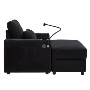 English Elm Modern Multifunctional Armchair with Chaise Lounge, Hidden Ottoman Storage, USB Ports & Cup Holders Black N719P292700B