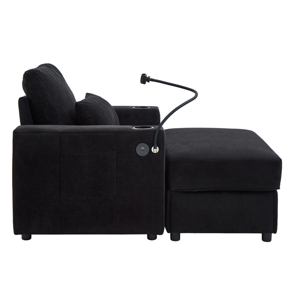 English Elm Modern Multifunctional Armchair with Chaise Lounge, Hidden Ottoman Storage, USB Ports & Cup Holders Black N719P292700B