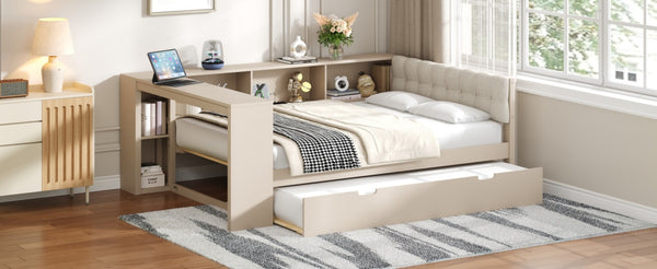 English Elm Wood Twin Platform Bed Linen Headboard Storage Shelves Trundle Charging Station Cream N709P004024C