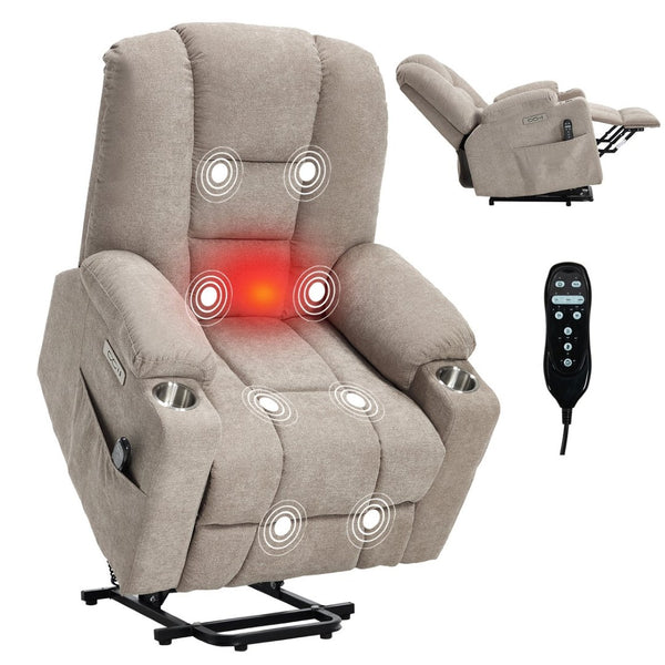 English Elm Emon's Overstuffed Chenille Power Lift Recliner with Massage Heat and Charging Ports Khaki W1803S00089