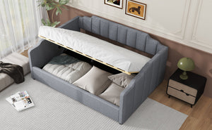 English Elm Upholstered modern daybed with under-bed storage drawers, full-size platform frame for guests Gray DL002033AAE