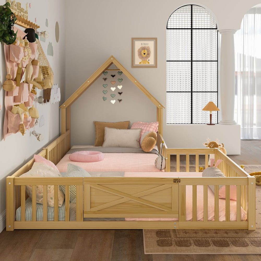 English Elm Full Full Size House Floor Bed with Door & Guardrails, Solid Wood Playful Design for Kids, Safe and Durable Natural W1580P327131