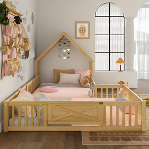 English Elm Full Full Size House Floor Bed with Door & Guardrails, Solid Wood Playful Design for Kids, Safe and Durable Natural W1580P327131