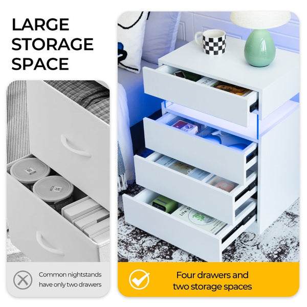 English Elm Nightstand with Led Backlighting Acrylic Panel Four Drawers Modern Bedroom Side Table White W2178P246212