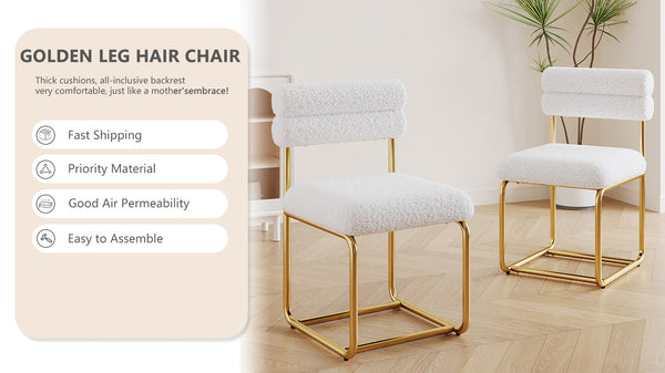 English Elm Set of two white teddy plush dining chairs with gold iron legs, ergonomic curved back, soft cozy luxe feel W1727P237751