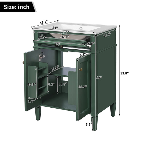 English Elm 24" Bathroom Vanity with Ceramic Basin, French-Inspired Accent Carvings, Soft-Close Doors & Storage Green N710P293309F