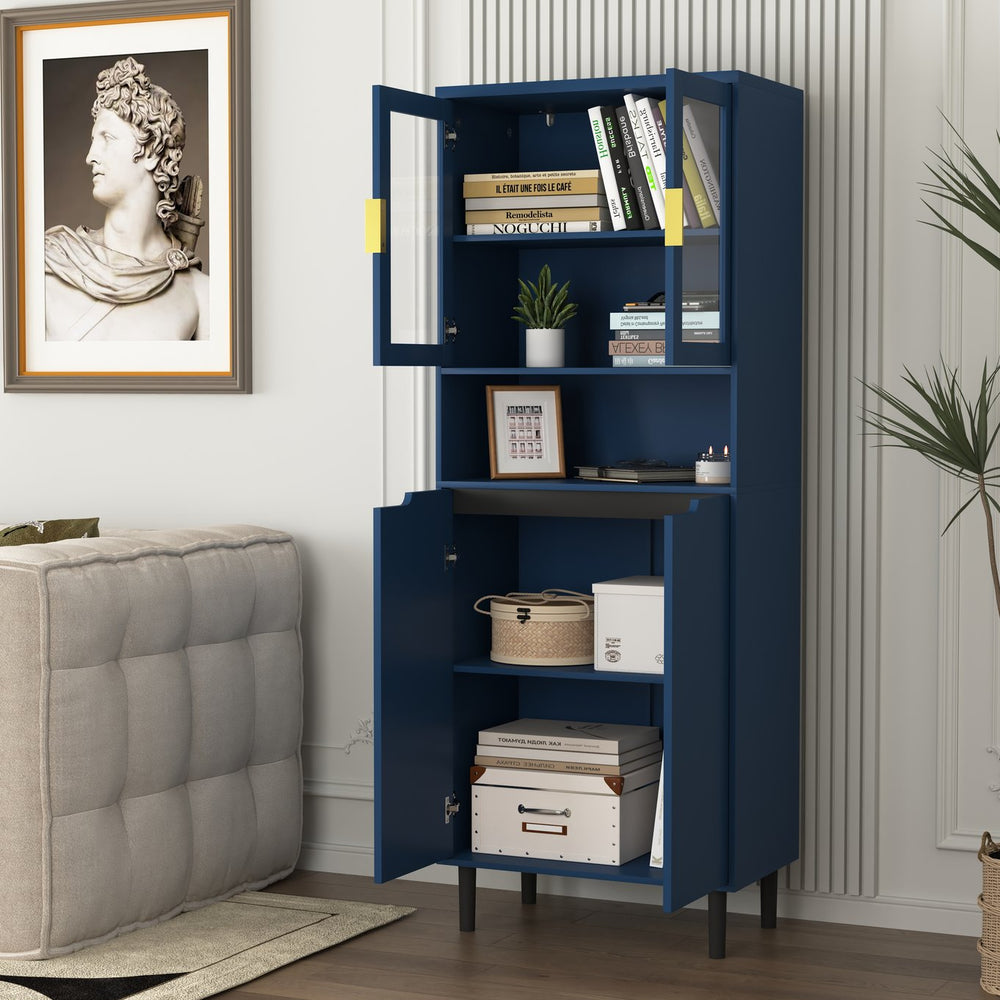 English Elm Tempered Glass Door Tall Storage Bookcase with 4 Doors, Adjustable Shelves, Elegant Space-Saving Cabinet Blue W409P171433