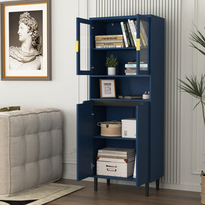 English Elm Tempered Glass Door Tall Storage Bookcase with 4 Doors, Adjustable Shelves, Elegant Space-Saving Cabinet Blue W409P171433