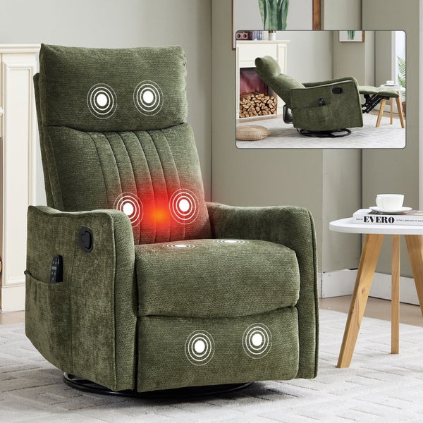 English Elm Beige Fabric Swivel Rocker Recliner with Massage Nodes and Lumbar Heat for Living Room Antique Green W1803P363423