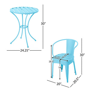 English Elm Christopher Knight Home® - COLMAR Matte Light Blue 3-Piece Metal Bistro Set — Powder-Coated Iron, Weather-Resistant, Stackable Chairs, Slatted Top/Table N773P278409B