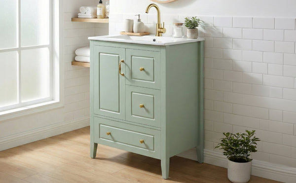 English Elm [video] 24 Inch Farmhouse Bathroom Vanity with Sink Pine Wood Mdf Soft Close Storage N759P415299G