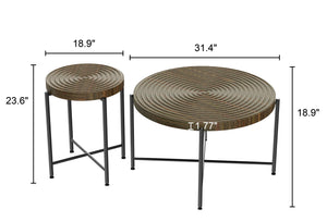 English Elm 2-Piece Rustic Coffee and End Table Set with Waterproof MDF Tops, Distressed Cylindrical Wood Look Walnut Brown B2735P269987