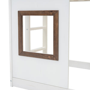 English Elm Wood Twin House Bunk Bed with Roof, Ladder & Slide, Rustic White-Brown Pine Frame, Space-Saving Twin Over Twin Reliable Support GX000345AAK