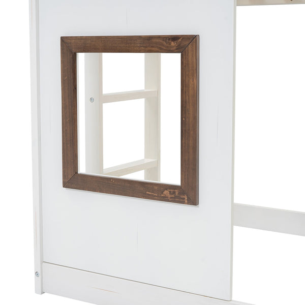 English Elm Wood Twin House Bunk Bed with Roof, Ladder & Slide, Rustic White-Brown Pine Frame, Space-Saving Twin Over Twin Reliable Support GX000345AAK