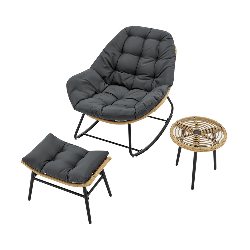 English Elm Benson 3-Piece Lounge Chair Set Gray — Weatherproof PE Rattan, Tufted Cushions, Glass Table, UV Resistant B365P397652