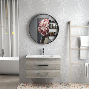 English Elm 32-Inch Grey Wood Grain Wall-Mounted Bathroom Vanity With Soft-Close Drawers & White Sink W3151S00015