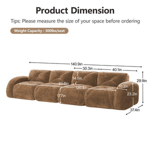 English Elm 140''soft Velvet Modular Cloud Sofa Tufted Plush Seating for Living Room or Home Theater Camel W714S01600