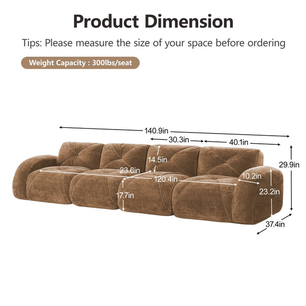 English Elm 140''soft Velvet Modular Cloud Sofa Tufted Plush Seating for Living Room or Home Theater Camel W714S01600