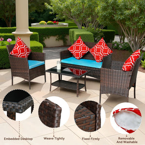 English Elm Four-Piece Pe Rattan Outdoor Furniture Set With Sapphire Blue Cushions & Glass-Top Table - Stylish Comfort For Patios And Gardens W3152P269436